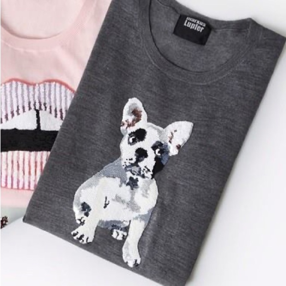 Markus Lupfer Sequined French Bulldog Merino Wool Grey Sweater